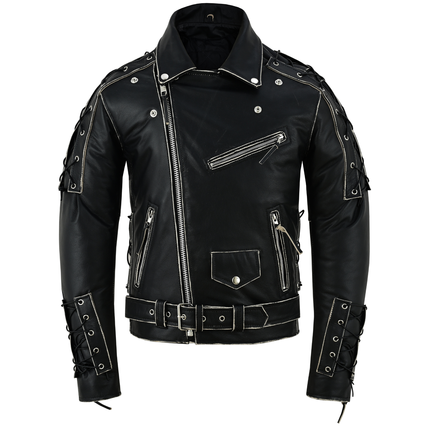brando style antique rub off lace leather jacket - classic black cowhide biker jacket