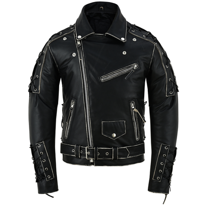 Brando Style Antique Rub Off Lace Leather Jacket - Classic Black Cowhide Biker Jacket