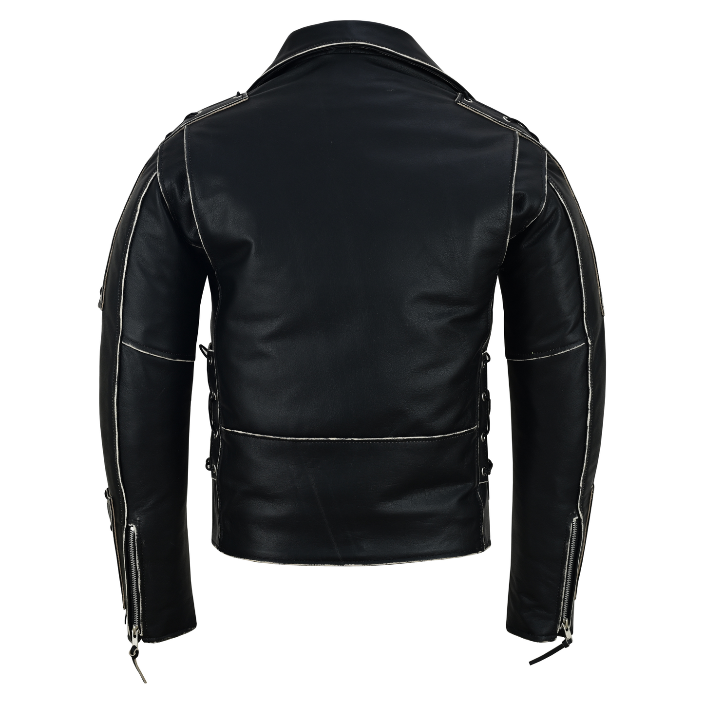 brando style antique rub off lace leather jacket - classic black cowhide biker jacket