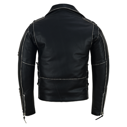 Brando Style Antique Rub Off Lace Leather Jacket - Classic Black Cowhide Biker Jacket