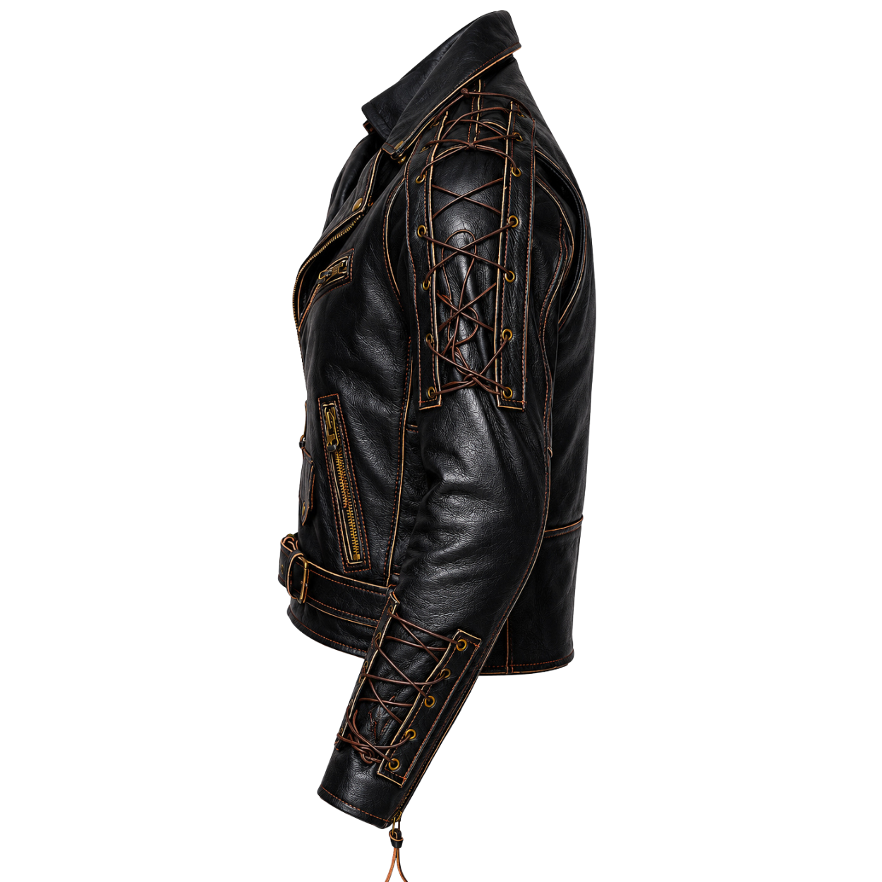 brando style antique rub off lace leather jacket - classic black cowhide biker jacket
