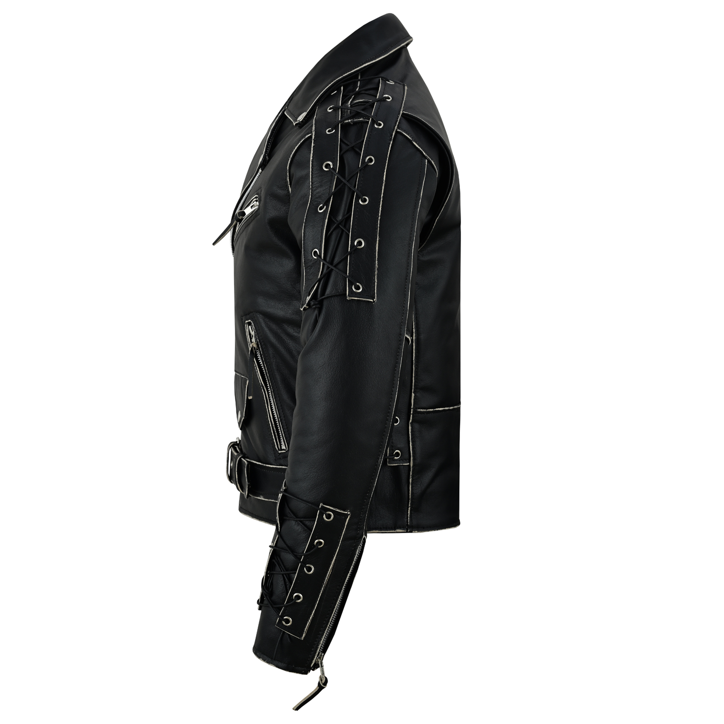 brando style antique rub off lace leather jacket - classic black cowhide biker jacket