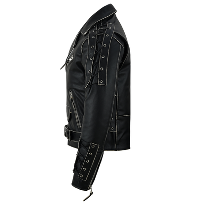 Brando Style Antique Rub Off Lace Leather Jacket - Classic Black Cowhide Biker Jacket