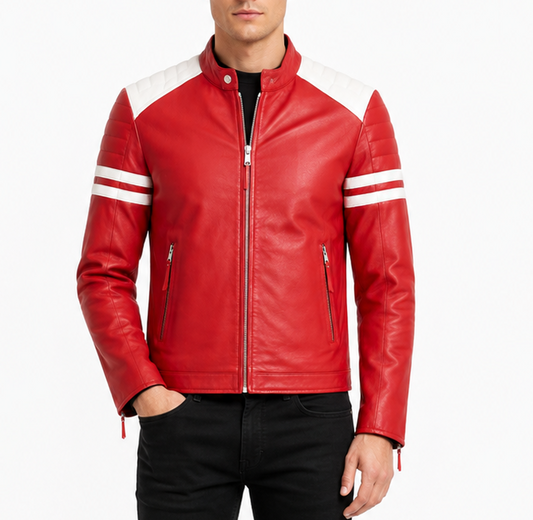 Men’s Premium Leather Racing Jacket Size 2XL | Red & White Heritage Edition