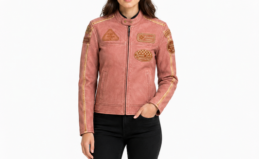 Ladies Premium Real Leather Badges Racing Jacket in Large Size | Heritage Moto Collection