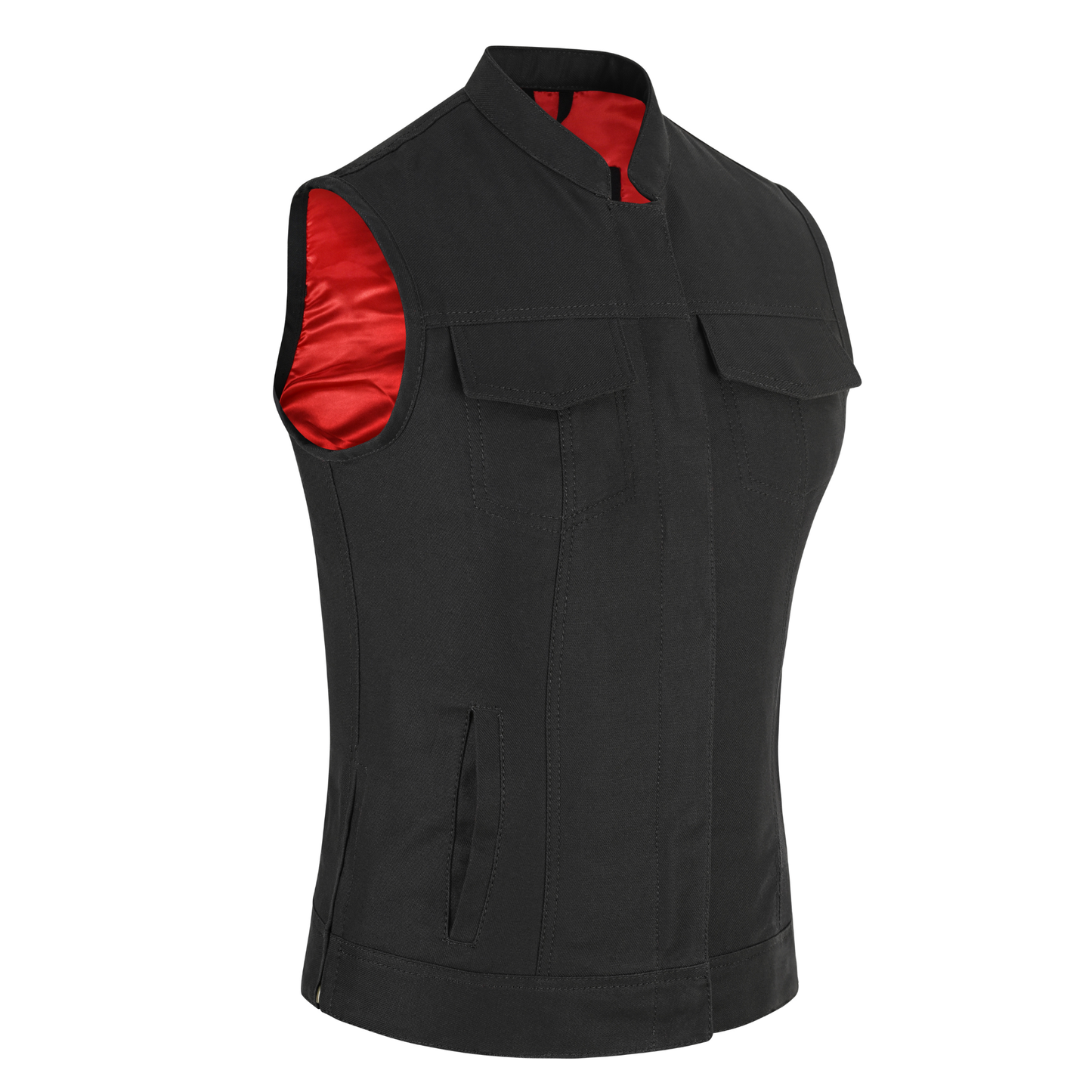 women waistcoat in black cotton twill with multiple pockets