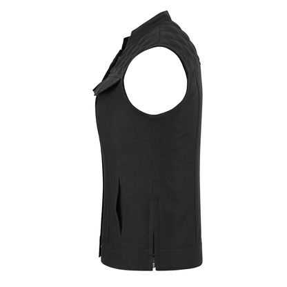 Women Waistcoat in Black Cotton Twill with Multiple Pockets