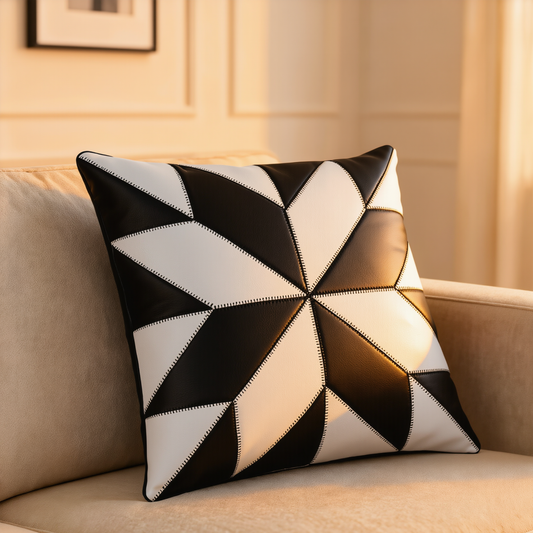 2 x Black & White Flower Original Leather Cushion Covers