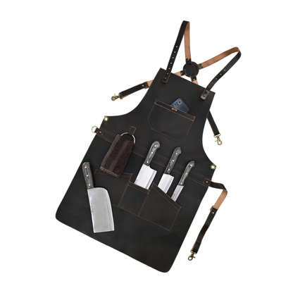 Real Leather Multi-Pocket Apron Butcher Apron - BBQ Apron - Cooking Apron