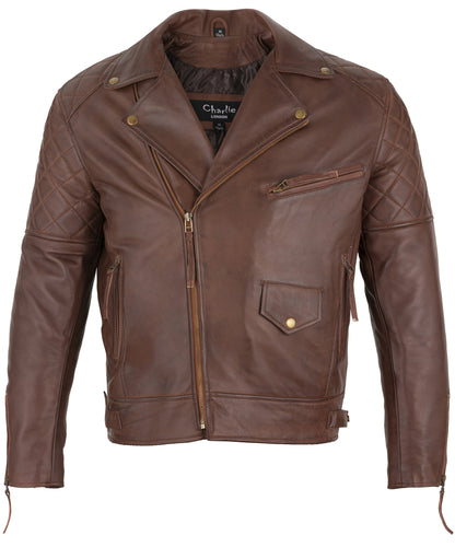 Mens Ashwood Diamond Vintage Brown Biker Style Leather Jacket