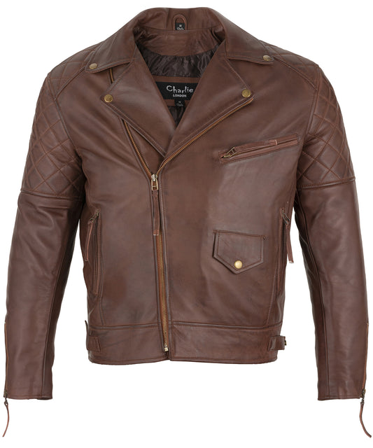 Mens Ashwood Diamond Vintage Brown Biker Style Leather Jacket