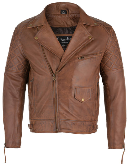 Mens Ashwood Diamond Vintage Brown Biker Style Leather Jacket