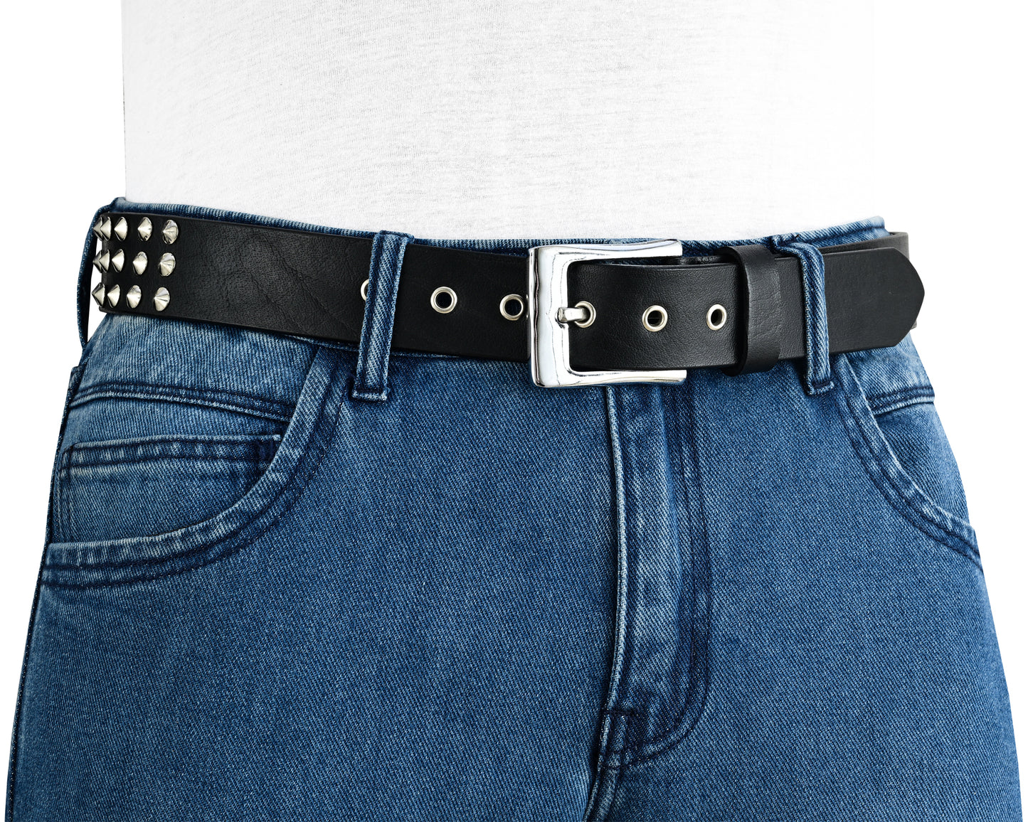 premium leather belts with round pyramids design & steel buckle for all