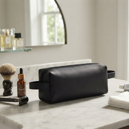 Premium Leather Men’s Toiletry Bag – Waterproof Travel Wash Bag & Shaving Kit Organiser