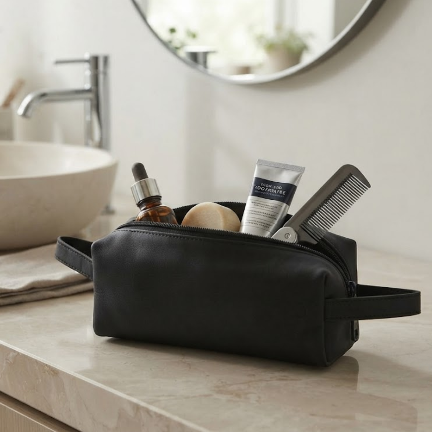 premium leather men’s toiletry bag – waterproof travel wash bag & shaving kit organiser