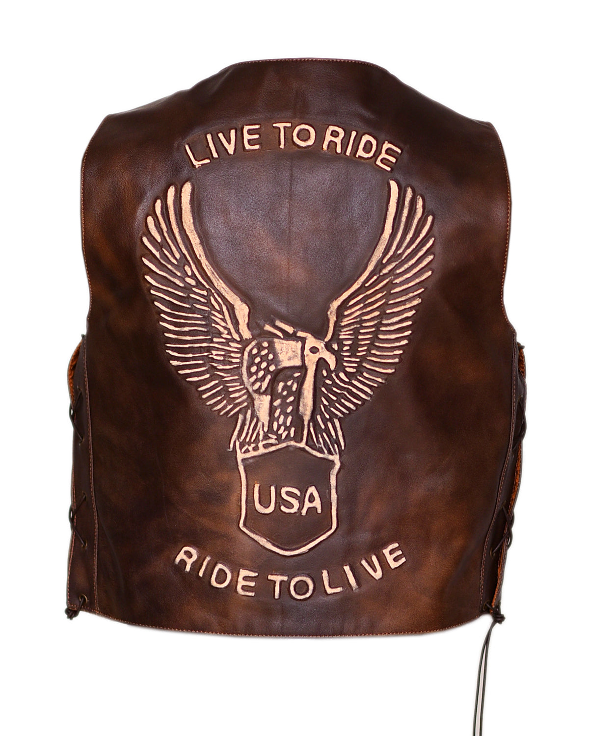 brown leather motorcycle vest with live to ride eagle design