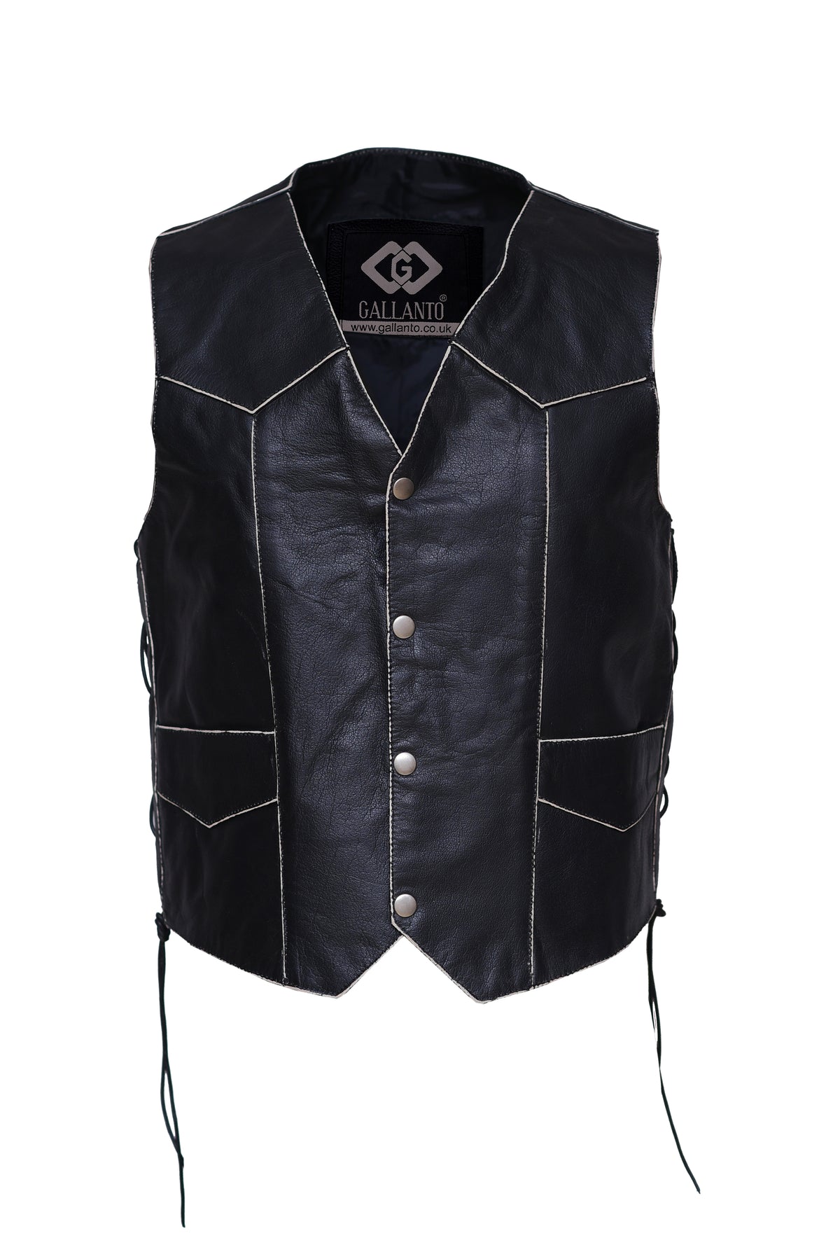 Mens Black Distressed Leather Biker Vest Waistcoat with Embossed Flying Skull