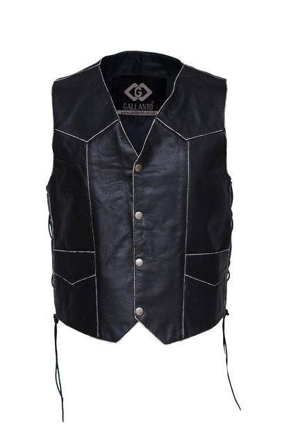 Mens Black Distressed Leather Biker Vest Waistcoat with Embossed Flying Skull
