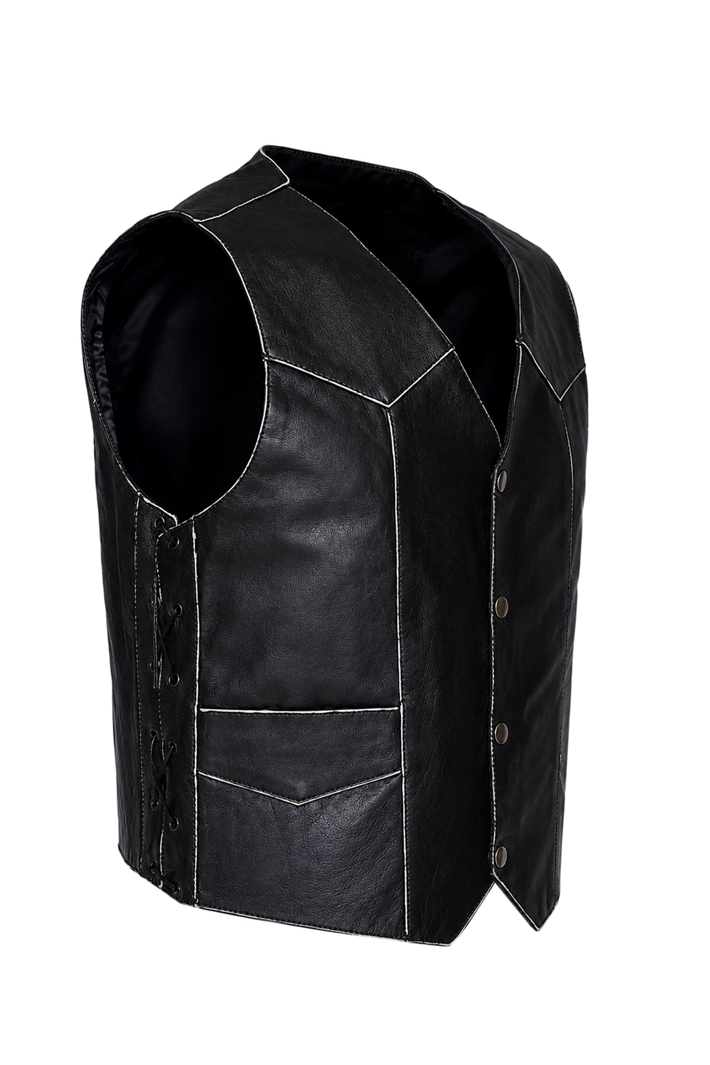 mens black distressed leather biker vest waistcoat with embossed flying skull
