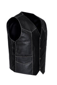 Mens Black Distressed Leather Biker Vest Waistcoat with Embossed Flying Skull