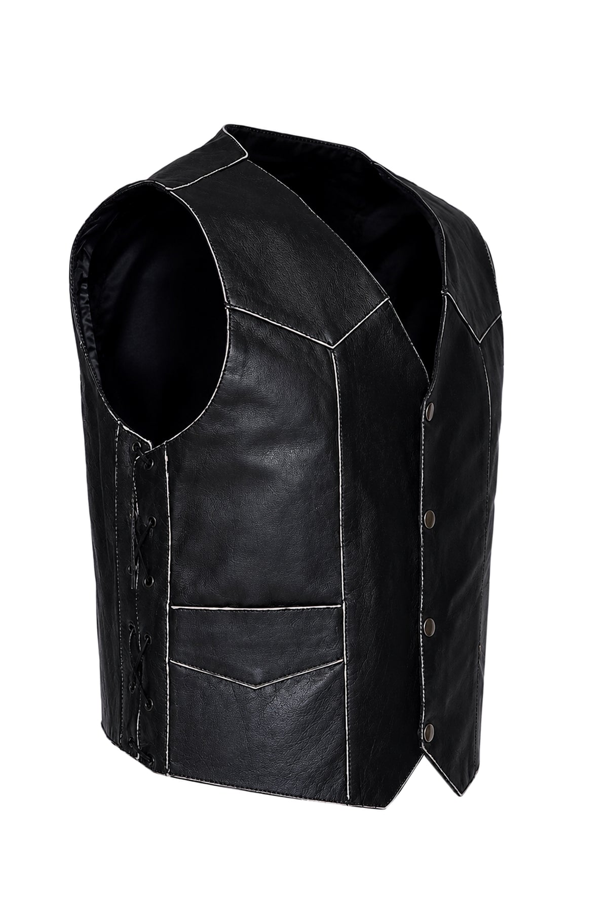 Mens Black Distressed Leather Biker Vest Waistcoat with Embossed Flying Skull