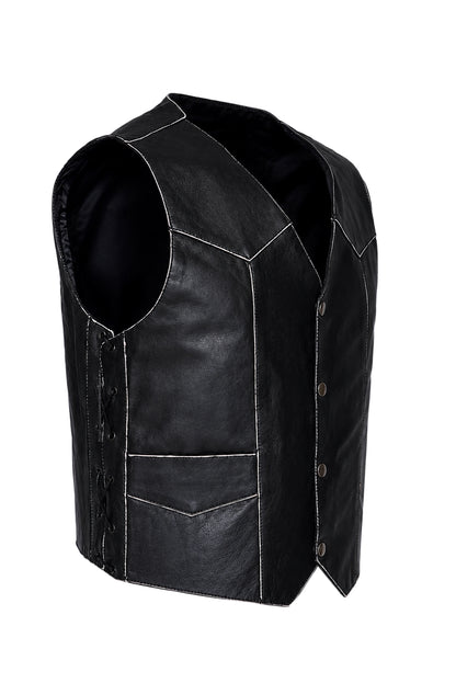 Mens Black Distressed Leather Biker Vest Waistcoat with Embossed Flying Skull