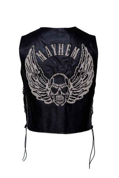 Mens Black Distressed Leather Biker Vest Waistcoat with Embossed Flying Skull