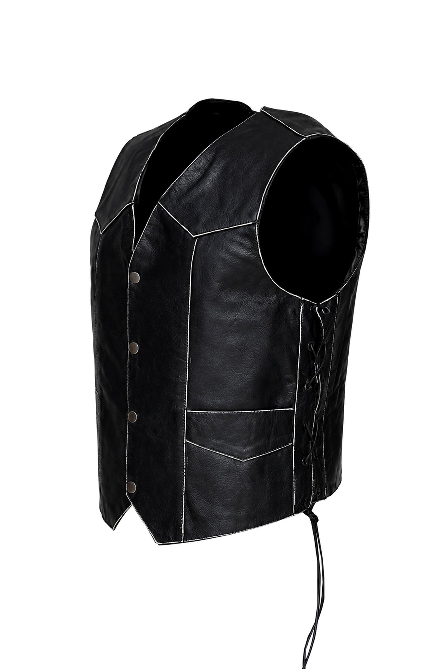 mens black distressed leather biker vest waistcoat with embossed flying skull