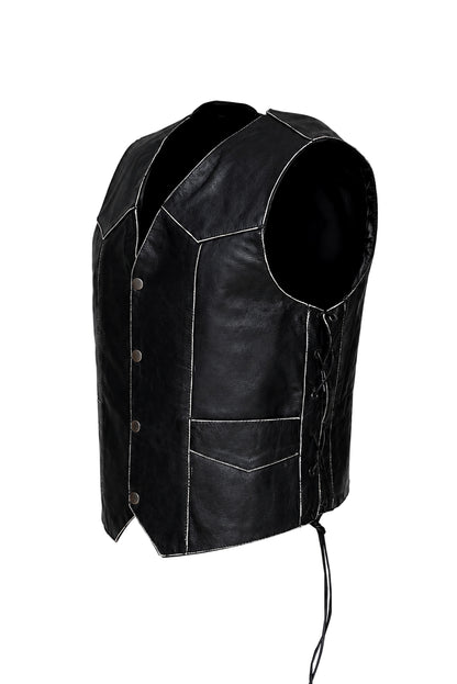 Mens Black Distressed Leather Biker Vest Waistcoat with Embossed Flying Skull