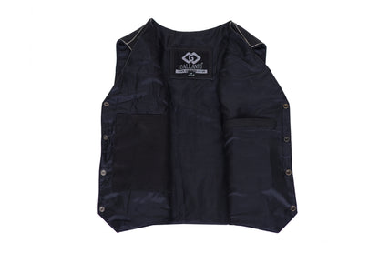 Mens Black Distressed Leather Biker Vest Waistcoat with Embossed Flying Skull