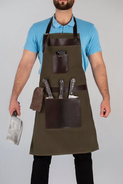Apron with Leather Straps – Ideal for BBQ, Grilling, Woodworking, Chefs, and Butchers - 
