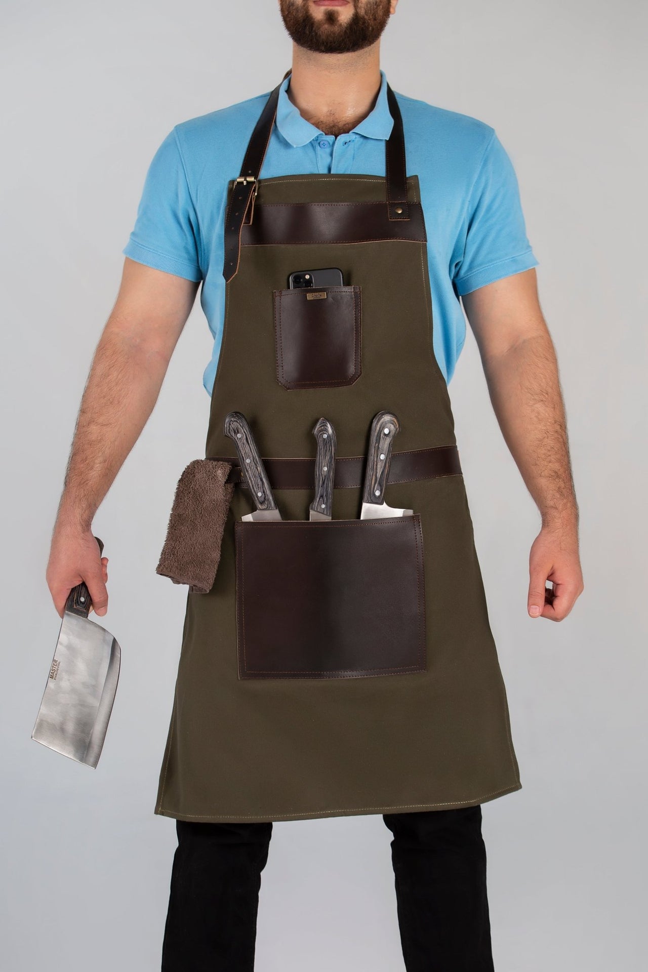 Apron with Leather Straps – Ideal for BBQ, Grilling, Woodworking, Chefs, and Butchers - 