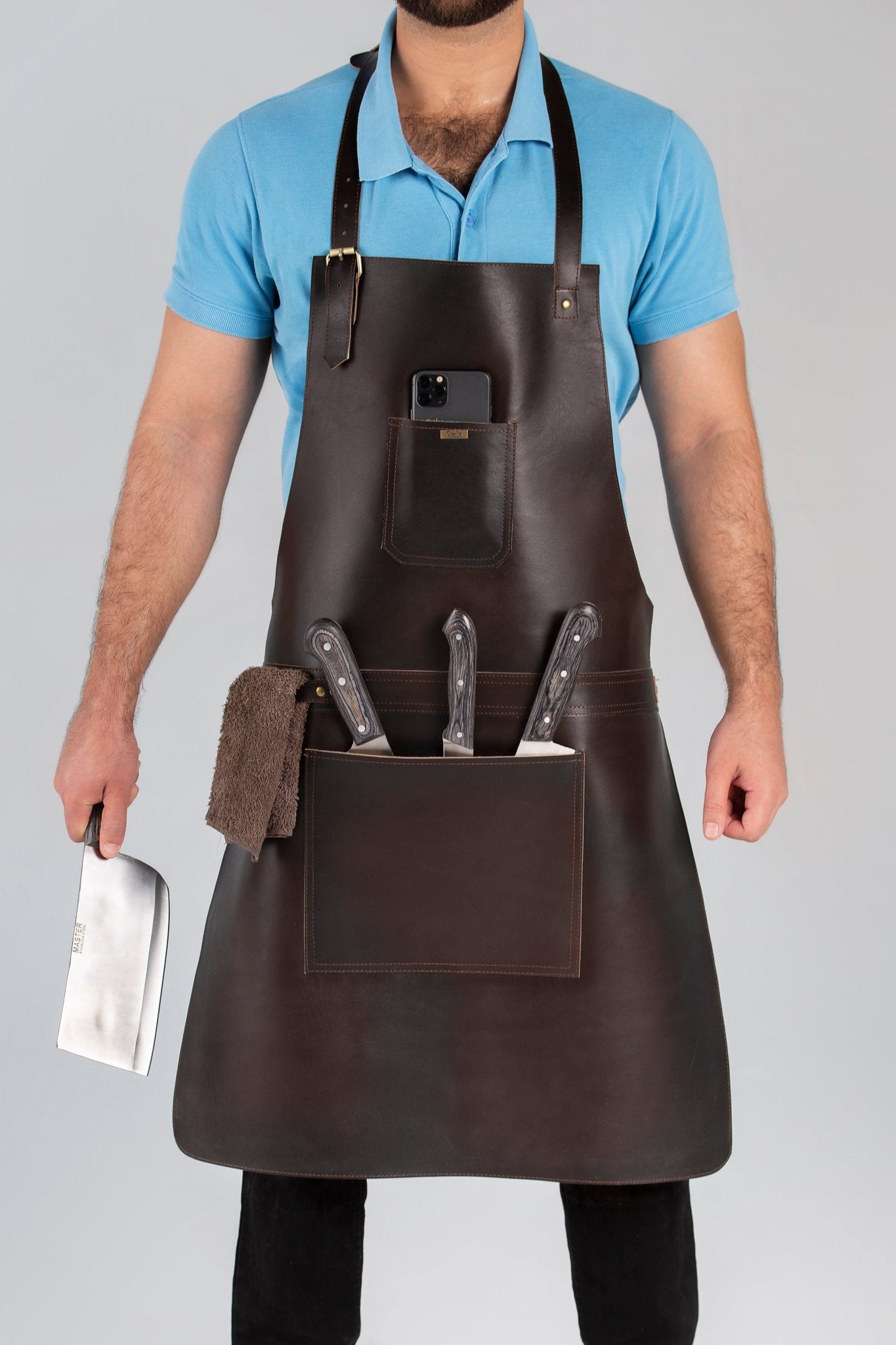 bbq, blacksmith, grill, woodwork, chef, butcher canvas apron with leather straps - 