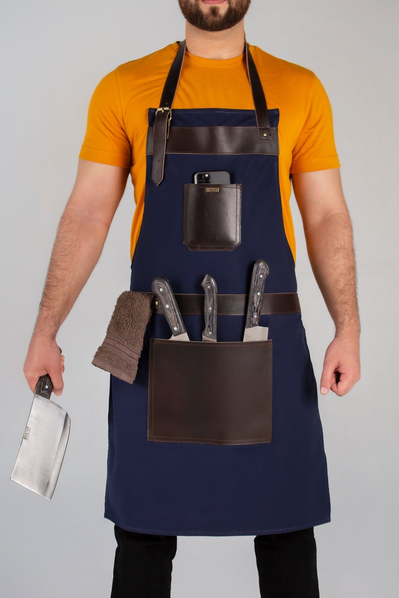 bbq, blacksmith, grill, woodwork, chef, butcher canvas apron with leather straps - 