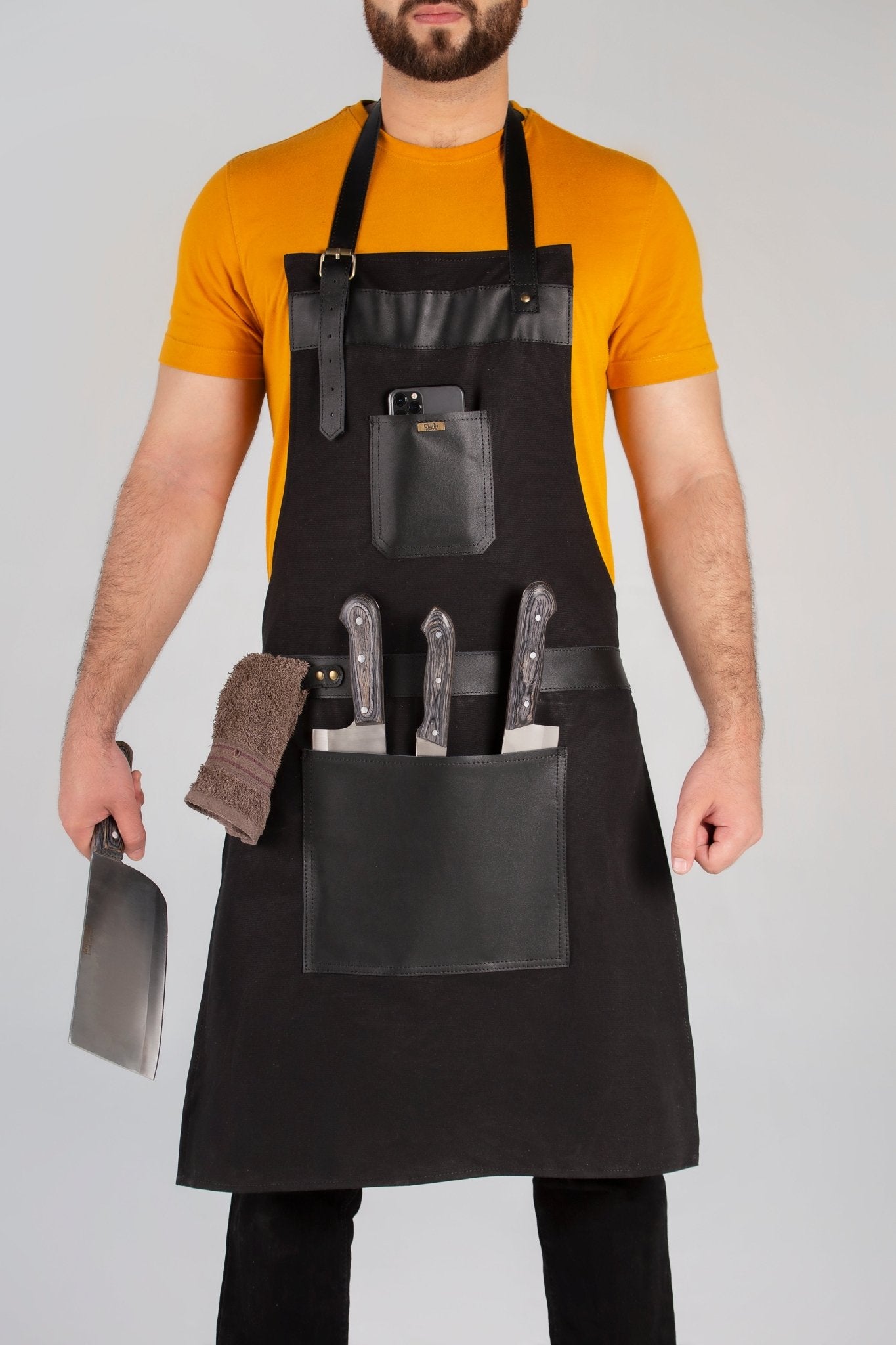 bbq, blacksmith, grill, woodwork, chef, butcher canvas apron with leather straps - 