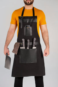 BBQ, Blacksmith, Grill, Woodwork, Chef, Butcher Canvas Apron with Leather Straps - 