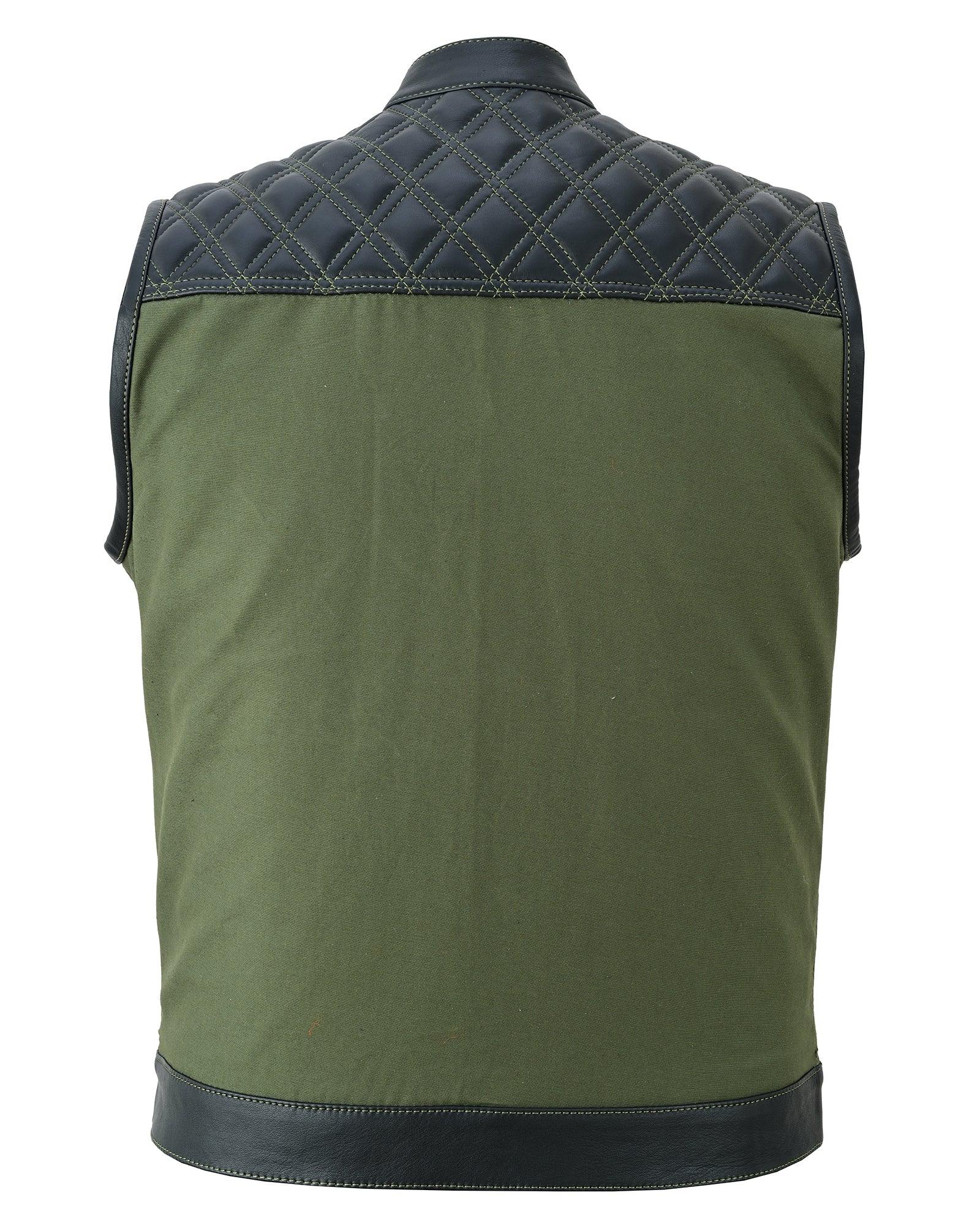 Black Leather & Olive Green Denim Combo Biker Diamond Denim Vest