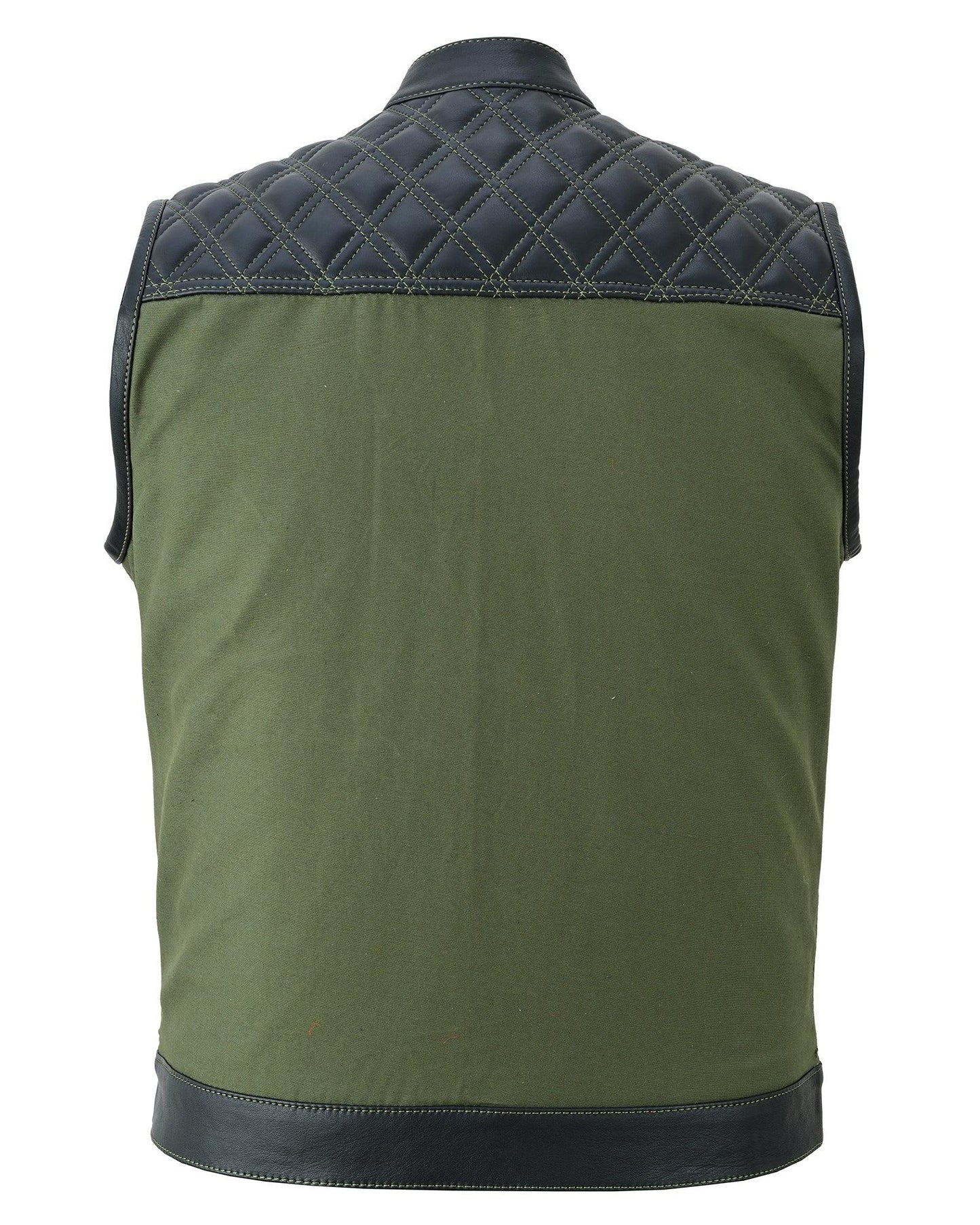 black leather & olive green denim combo biker diamond gilet vest - 
