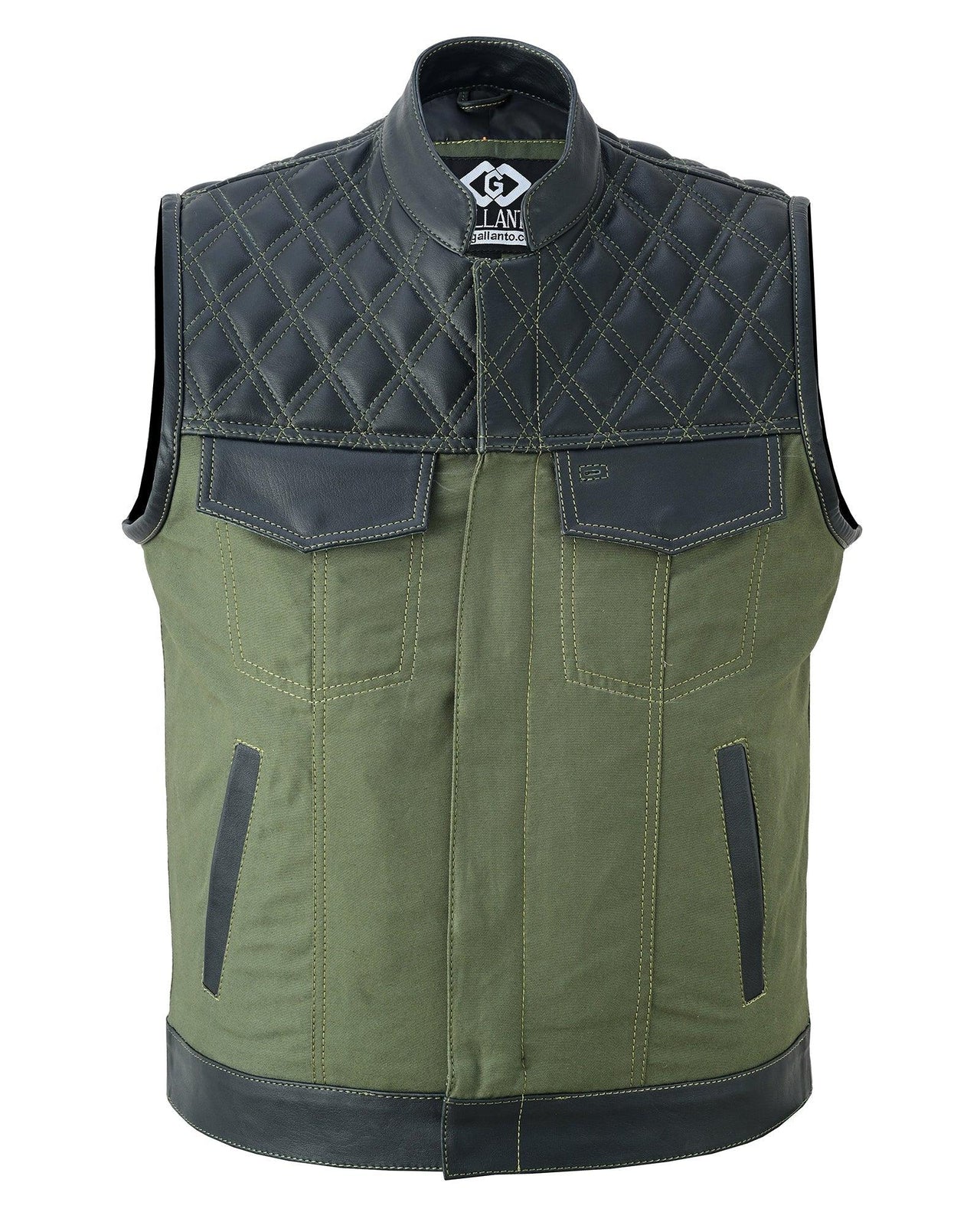 Black Leather & Olive Green Denim Combo Biker Diamond Gilet Vest - 