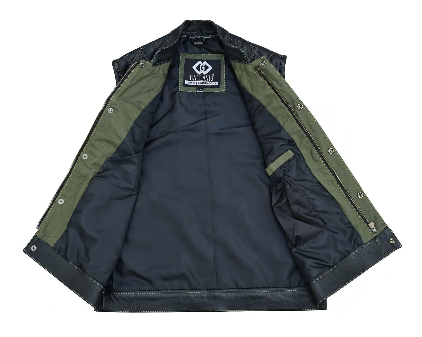 black leather & olive green denim combo biker diamond gilet vest - 