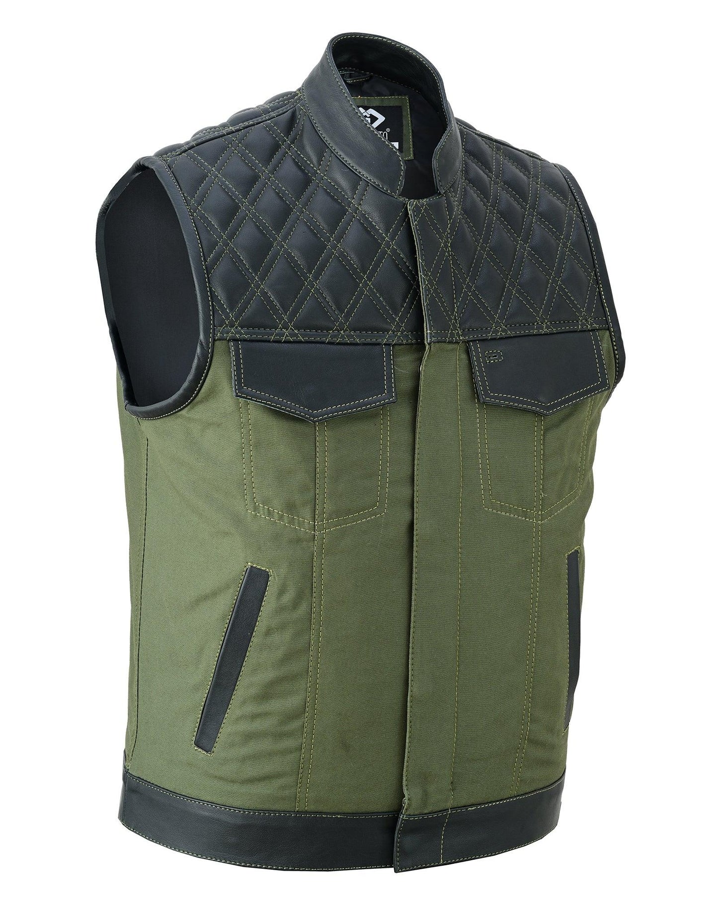 black leather & olive green denim combo biker diamond gilet vest - 
