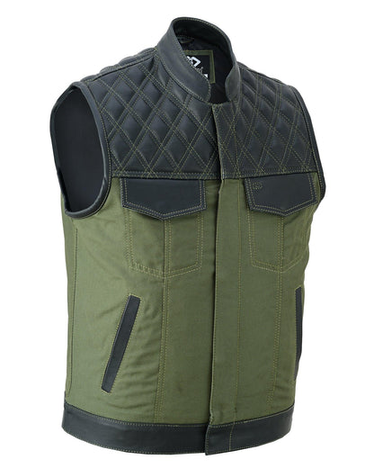 Black Leather & Olive Green Denim Combo Biker Diamond Gilet Vest - 