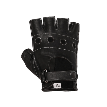 Black Leather White Stitch Unlined Fingerless Gloves - 