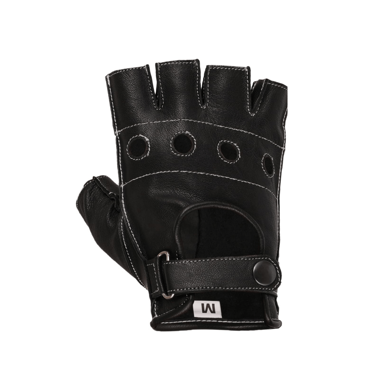 Black Leather White Stitch Unlined Fingerless Gloves - 