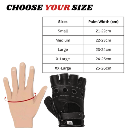 Black Leather White Stitch Unlined Fingerless Gloves - 