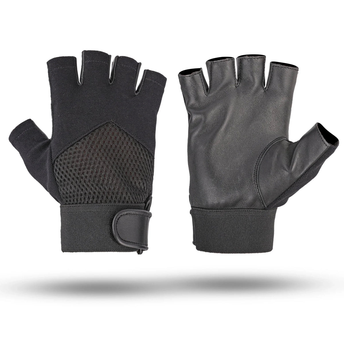 Black Premium Leather & Mesh Polyester Fingerless Gloves - 