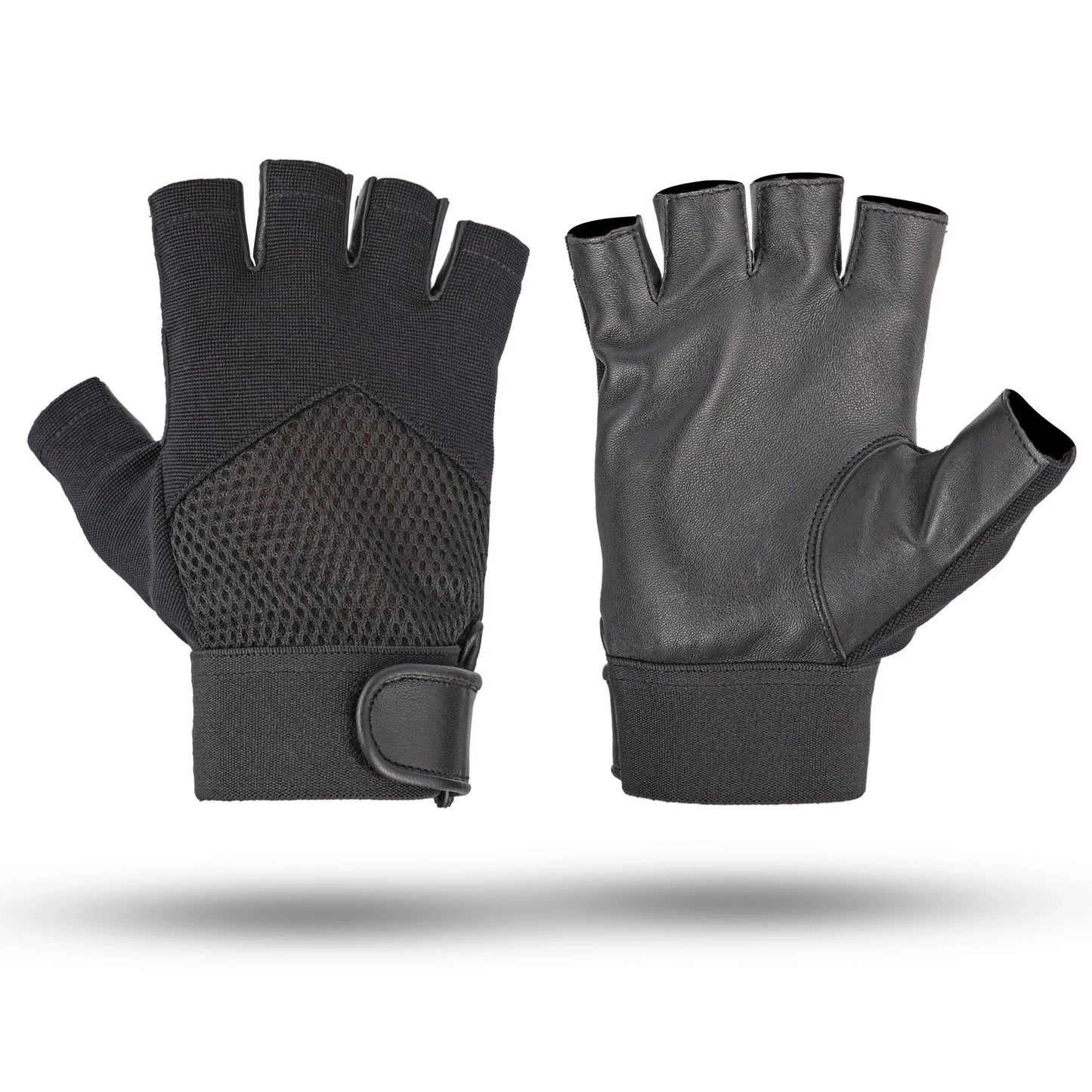 black premium leather & mesh polyester fingerless gloves - 