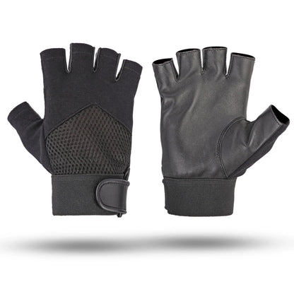 Black Premium Leather & Mesh Polyester Fingerless Gloves - 