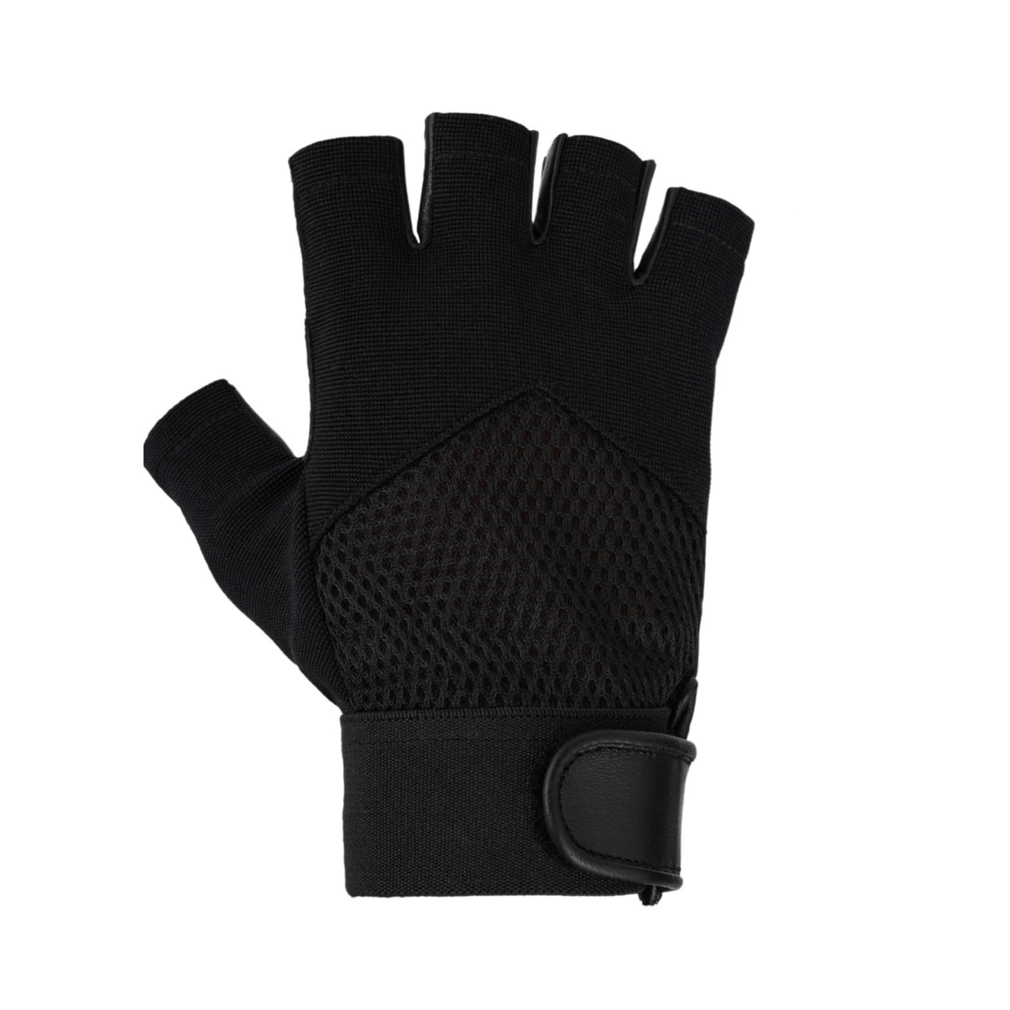 black premium leather & mesh polyester fingerless gloves - 