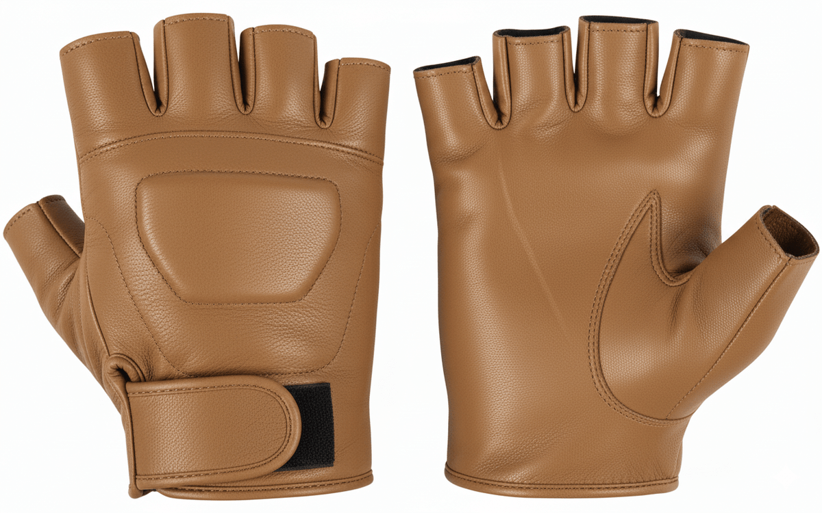 Black Premium Leather Padded Design Fingerless Gloves - 